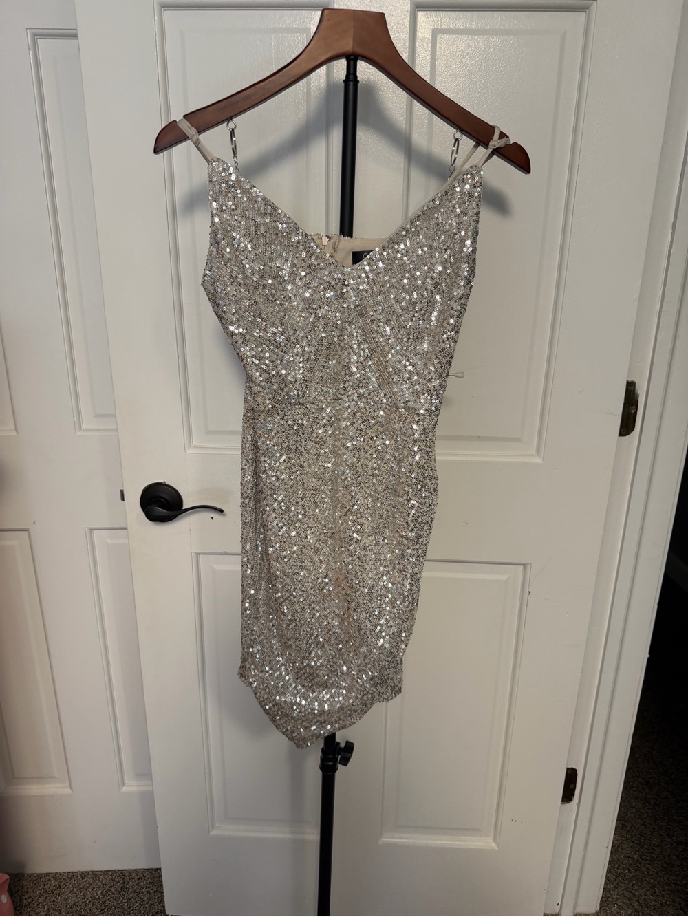 Crystal Sky Silver Sequin Spaghetti Strap Dress